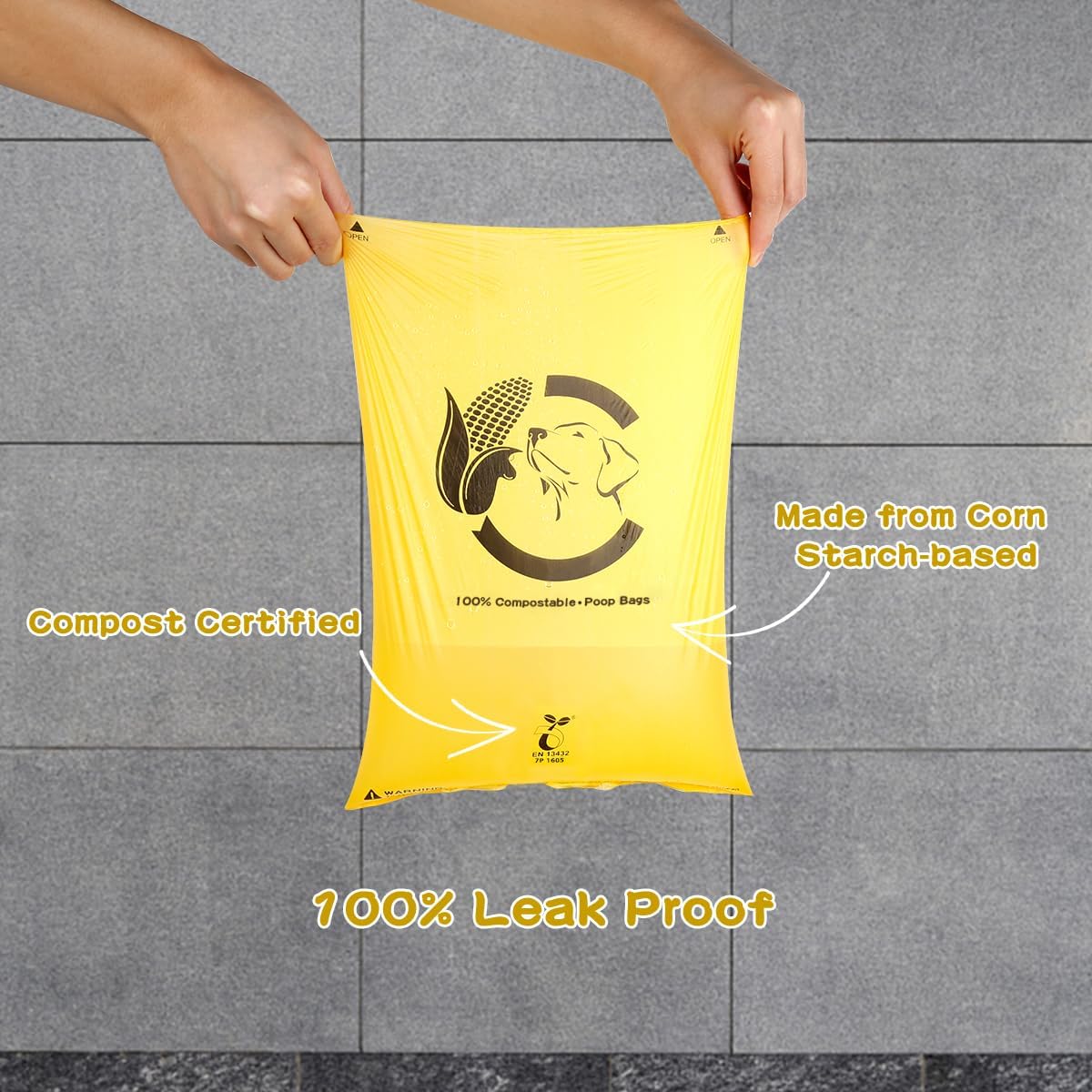 Certified Compostable Dog Poop Bags, 120 Count Landfill Friendly and Leakproof Waste Bags, Easy Open Unscented Maize Yellow Poop Bag for Dog, 15 Doggy Bags Per Roll (8 rolls)