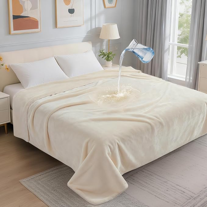 LOOBANI Waterproof Blanket for Bed, Soft Flannel Twin Bed Blanket 60" x 80" | Pet Blankets for Large Dogs, Reversible Spill-Proof, Ideal for Couch Cover, Movie Time, Camping, Travel, Noise Free, Beige
