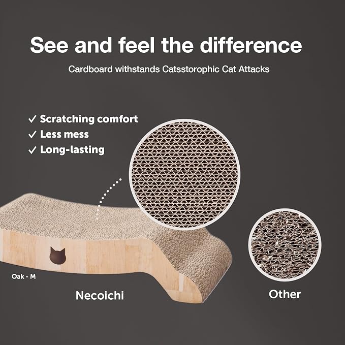 Necoichi Cardboard Cat Scratcher Couch for Indoor Cats - Cat Scratching Board, Horizontal Cat Scratch Pad Lounger with Reversible Usability and Extra Comfort for Lounge, Curved (17" Regular, Oak)