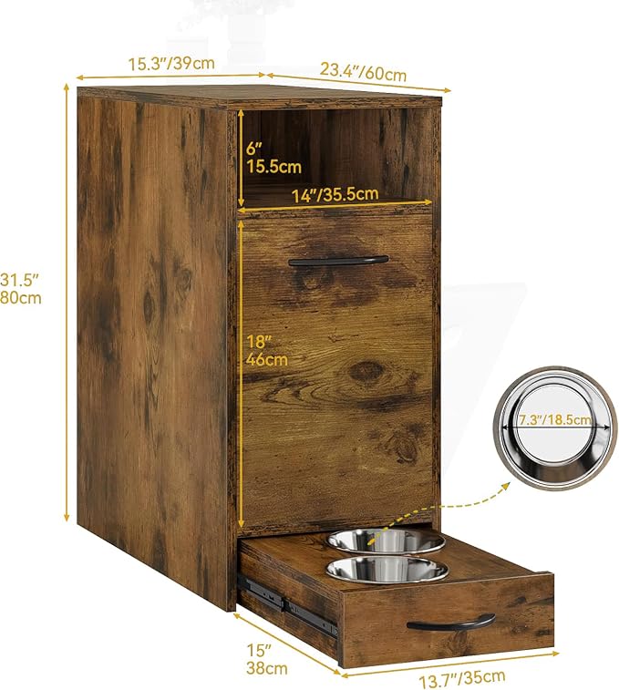 DWVO Dog Feeding Station with Storage & 2 Feeder Bowls | Dog Food Cabinet, Pull Out Elevated Dogs Bowl, Rustic Brown