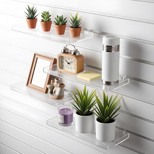 Yalikop 4 Pcs Slatwall Shelves Clear Acrylic Slatwall Shelves Organizer Wall Mounted Hanging Accessories Plastic Panel Display Shelf for Retail Store Boutique Garage Home(Fenced Style,12 x 5 Inch)