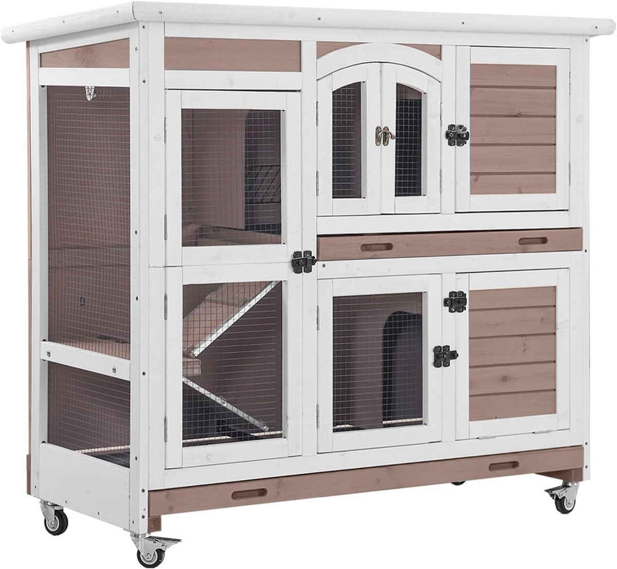 Aivituvin Rabbit Hutch Indoor, Bunny Cage with Wheels, 2-Story Design, 2 Deep Trays, Anti Slip Ramp, Ideal for Small Animals - Brown