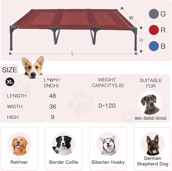 Elevated Dog Bed Waterproof Outdoor, Portable Raised Dog Beds, Dog Cot Off the Floor, Dog Bed Easy Clean Indoor or Outdoor Use, X Large, Red
