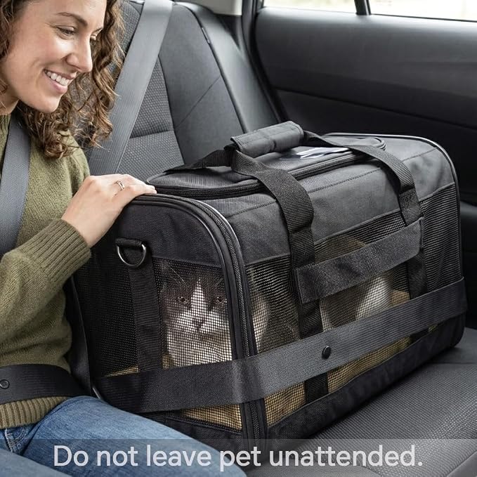 Conlun Cat Carrier Airline Approved, Soft-Sided Dog Carrier with Inner Safety Leash, Pet Transport Carrier for Small-Medium Cats Puppies up to 15 Lbs, Collapsible Travel Kitten Carrier Bag -BlackM