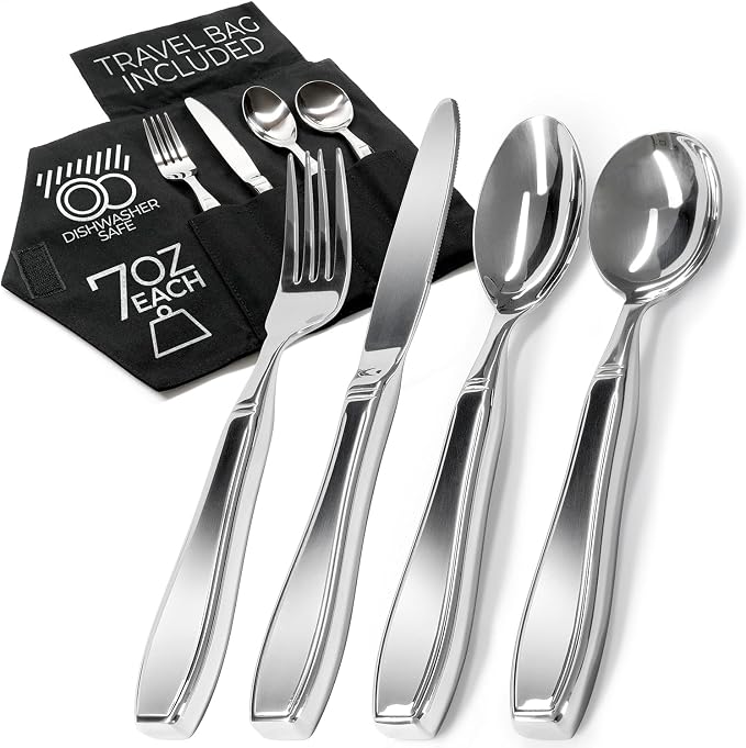 Weighted Utensils for Hand Tremors and Parkinson's Patients - 4 Piece Set Weighted Silverware for Elderly, Arthritis, Weak Hand Grip - Convenient Travel Bag, Stainless Steel, 7 Oz