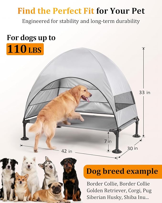 Elevated Dog Bed with Canopy - 3-Sided UV Protection Pet Tent with Wider Shade, Raised Cooling Outdoor Dog Cot with Breathable Mesh for Medium Large Dogs, Portable Pet Bed for Camping, Patio (Grey, L)