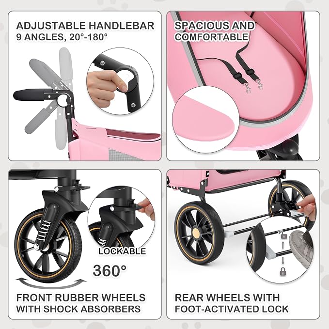 MoNiBloom Pet Stroller for Large Dogs or Dogs Cats up to 55 lbs, Pink | with Adjustable Handle, 3-Wheels Dual Entry Portable Dog Carting Easy Folding Pet Wagon Double Multiple Dog Stroller