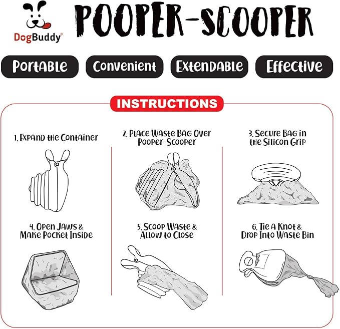 DogBuddy Pooper Scooper, Portable Dog Pooper Scooper, Poop Scooper for Small and Large Dogs, Pooper Scooper With Bag Attachment, Leash Clip and Dog Waste Bags Included (Medium, Kiwi)