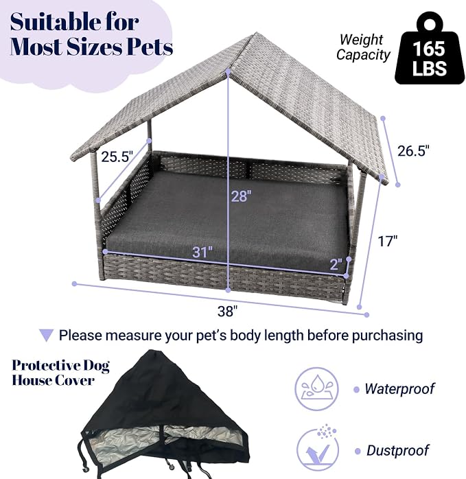 Wicker Dog House, Elevated Rattan Dog Bed with Canopy, Large Dog House Outdoor with Water Resistant Cushion, Outside Rattan Dog House for Dogs with Protective Cover, Grey
