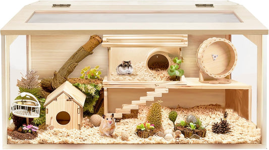 Prolee Hamster Cage Chewproof Wood, Mice and Rat Habitat Openable Top with Acrylic Sheets Solid Built, Small Animal Cage, 40 Inch Length
