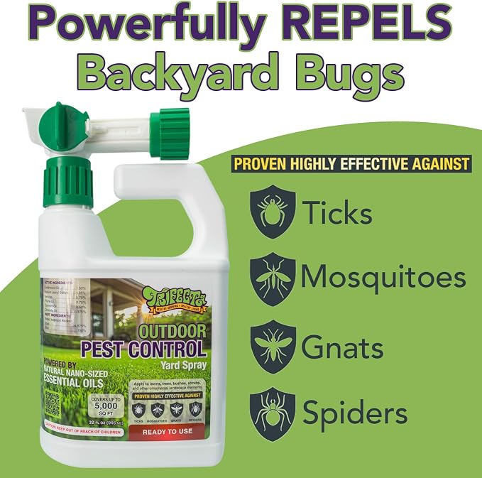 Trifecta Natural Outdoor Pest Control Yard Spray with Essential Oils | Mosquito, Ant, Flea, Tick, Gnat Killer on Contact & Repellent Treatment for Insects Bugs | Safe Around Kids & Pets | 32oz