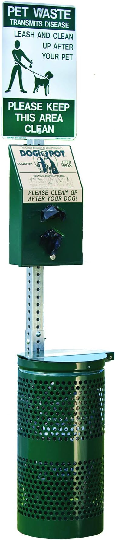 Dogipot 1003A-L Pet Station Includes Sign, Dispenser, Aluminum Receptacle, Litter Bag Rolls and Liner Trash Bags, Forest Green