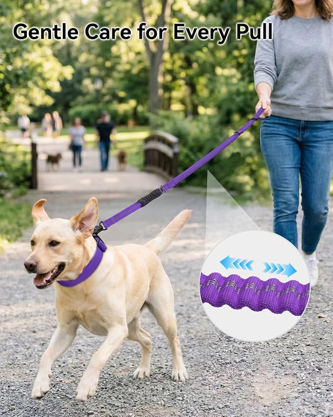 Joytale Tactical Bungee Dog Leash, Shock Absorbing No Pull, Purple | for Large Dogs That Pull, 2 Padded Handles for Control, Car Seatbelt Clip, Reflective for Night Safety, Metal Frog Clip