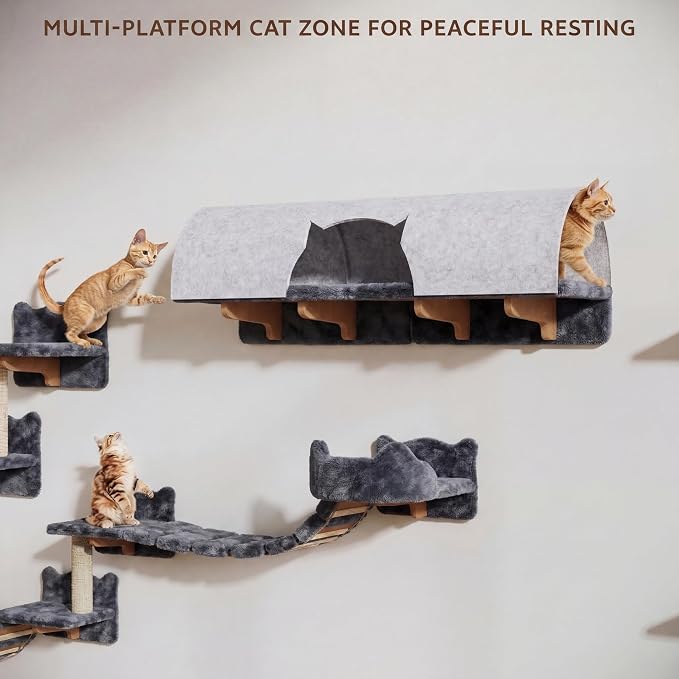 16-in-1 Cat Wall Shelves, Cat Furniture w/Tunnel & Bridge, Grey | Wall Mounted Cats Shelf Set with Plush Fabric, Cat Climbing Wall Systems for 16 Inch Drywall, with Scratching Posts, Condos