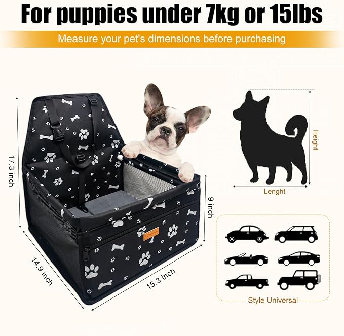 Pet Dog Booster Seat, Upgrading the Framed wall to Prevent Collapse，Breathable and Foldable Pet Car Basket，Removable andWashable pet car seat (Black Footprints)