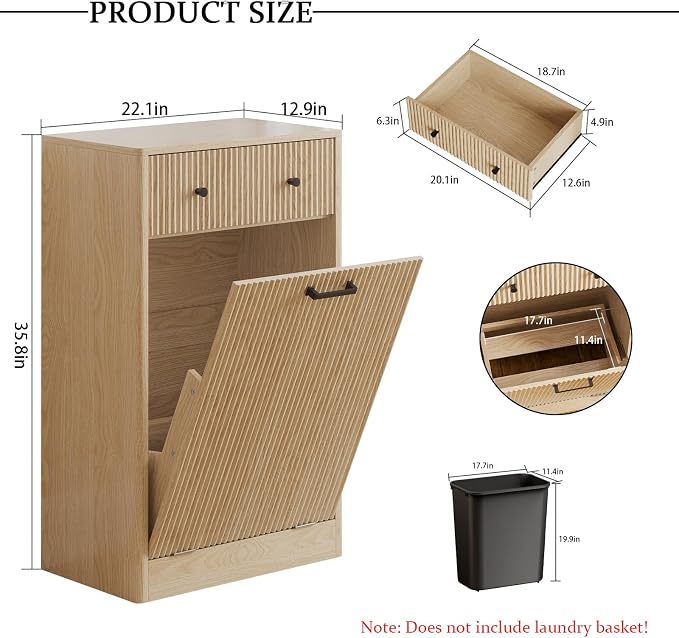 10 Gallon Tilt Out Trash Can Cabinet with Drawer - Modern Fluted Hidden Garbage Bin Holder, Curved Edge Wooden Laundry Hamper Cabinet, Natural Oak