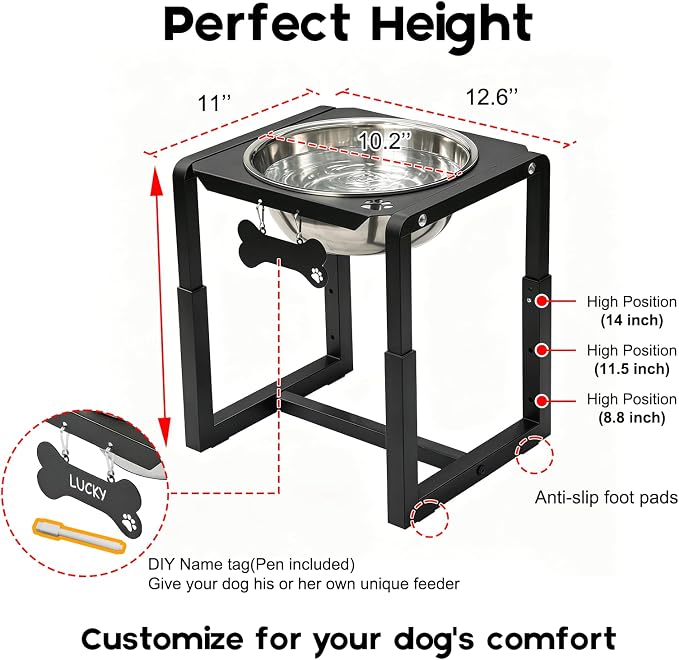Metal Elevated Dog Bowls, Raised Dog Bowls for Medium/Large Breeds with One 111oz Stainless Steel Water Bowls, 3 Adjustable Height (8.8"/11.5"/14") Dog Bowl Stand Protect Neck & Joints