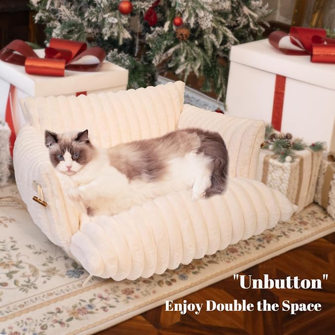 CHEERPALS Cat Couch Bed for Indoor Cats Fluffy Cat Sofa Recliner with Removable Washable Cover Cute Pet Lounge Suitable for Puppy Kitten (Off-White)