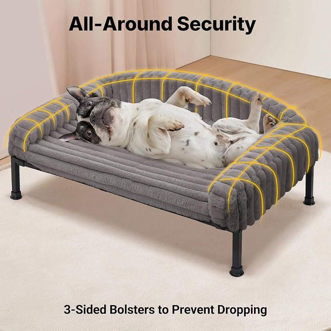 Veehoo Elevated Dog Bed with Bolster Cushion, Fluffy Plush Dog Couch Beds for Small Dogs, Cats, Washable Raised Pet Cot with Non-Slip Feet for Indoor or Patios Use, 30 x 20 Inches, Grey