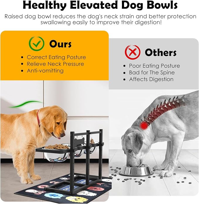 SHAINFUN Elevated Dog Bowls Stand for Medium/Large Dogs with Mat, 6 Height Adjustable Raised Dog Bowl, Three 58oz Food Water Bowls