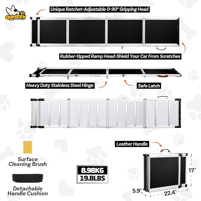87” Dog Ramp for Car with Adjustable Head, Aluminum Alloy Foldable Large Dogs Pet Ramp for Truck 200 lbs, 17" Wide Dog Ramp for SUV