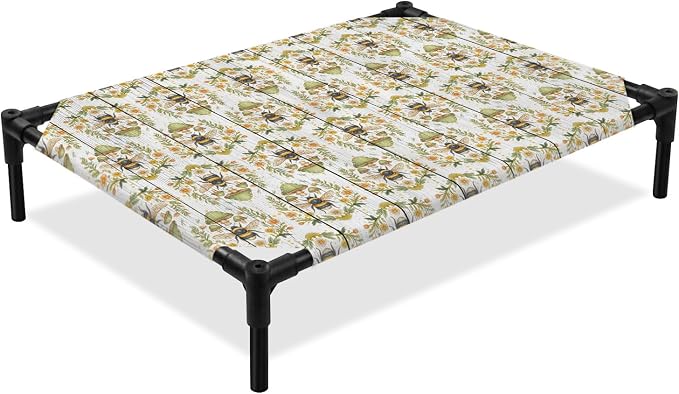 Outdoor Elevated Dog Bed for Medium Dogs, Classic Bees Breathable Cooling Raised Dog Cot for Indoor/Outdoor, Summer Spring Floral Animals Wooden Waterproof Elevated Pet Beds, M 24 x 20 in