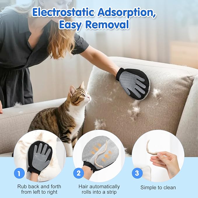 Pawaboo Dual-Side Pet Hair Removal Glove for Dogs and Cats, Reusable Electrostatic Hair Removal & Silicone Fur Brush, Pet Fur Grooming Glove for Carpet Couch Clothes