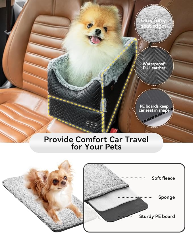 PETSFIT Dog Console Car Seat with Dual Adjustable Seat-Rail Anchor Hooks | Anti-Collapse Leather Armrest Booster Carseat with Safety Tether, Washable Cushion, Soft Pillow for Pets Under 8 lbs, Black