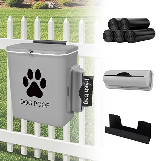 Dog Poop Trash Can Outside Hanging, 2 Gallon Wall Mount Dog Poop Trash Can | with Trash Bag Dispenser, Small Pet Waste Bin with Lid, Hanging Pet Waste Disposal Container for Fence, Garbage, Outdoors