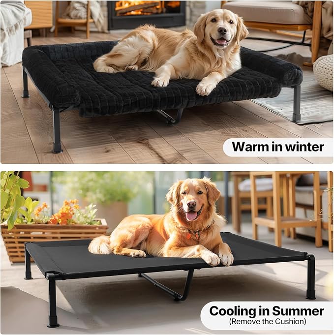 Veehoo Elevated Dog Bed with Fluffy Plush Bolster Cushion, Dog Couch Bed | Cooling Raised Dog Bed for Large Dogs, Washable Orthopedic Pet Cot with Removable Mat, Breathable Mesh, Non-Slip, 48", Black