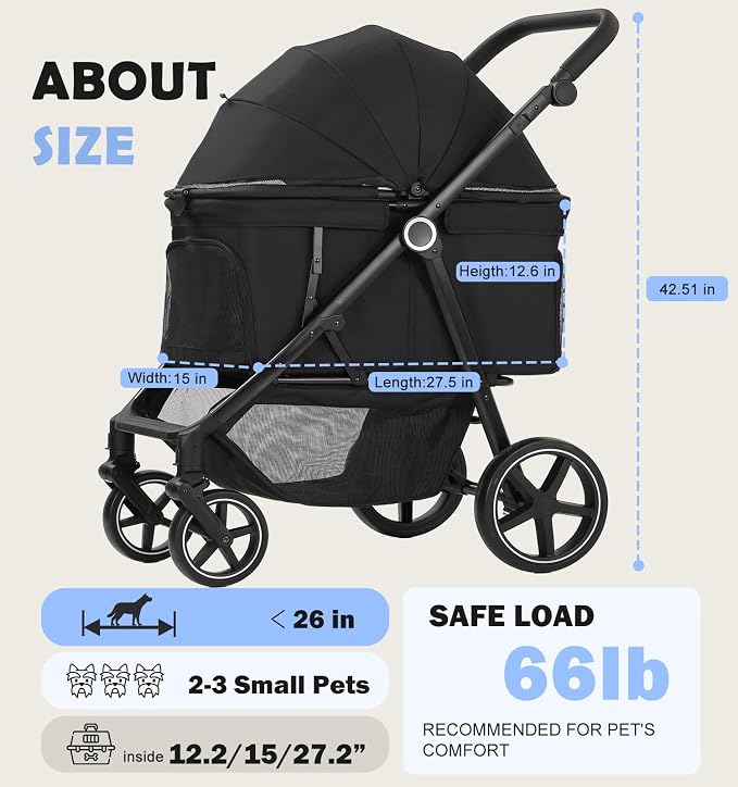 Dog Stroller for Medium Large Dogs up to 66lbs,Pet Stroller for 2 Small Dogs with Adjustable Handle & Canopy, Foldable,Storage Organizer