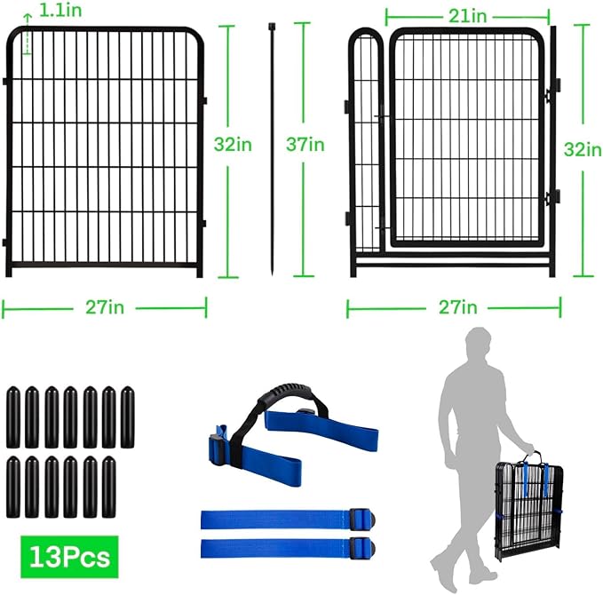 Okaygardn 32 in(H) Dog Fence Outdoor For Yard, 21 in Wide Low Threshold Gate, 12 Panels Total 26.6 Ft(L) Fencing For Garden Beds, Animal Barrier Fence, Dog Pen Indoor or Outdoor,Landscape Fence Border