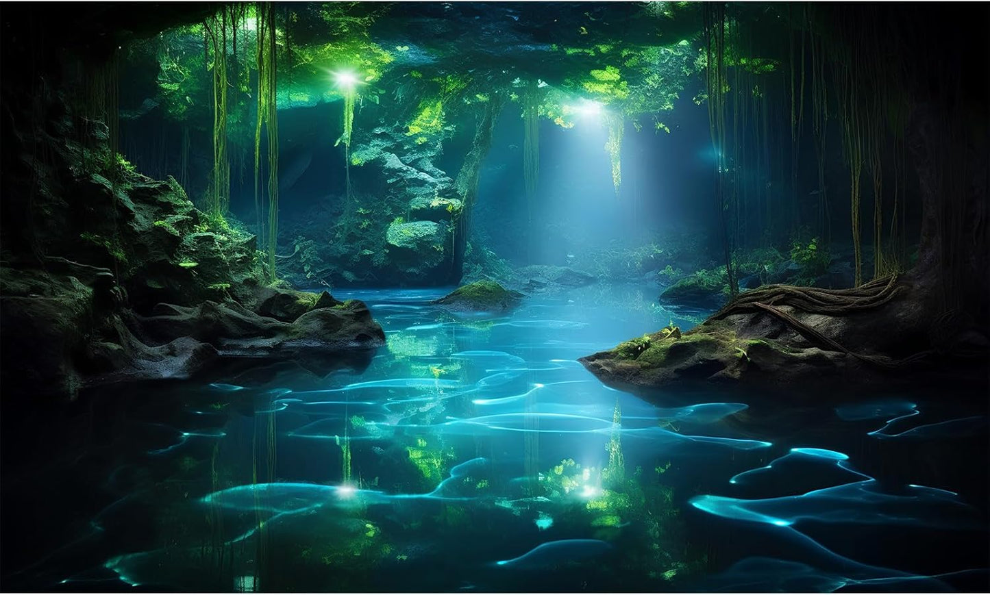 Cave Aquarium Background Underwater Cave with Light Beam Tranquil Stream Terrarium Background Mysterious Elegant Fantasy Tropical Plants Fish Tank Backdrop Wallpaper Poster Decorations Vinyl 30x12in