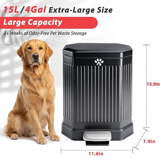 Metal Dog Poop Trash Can Outside with Odor Control Lid, 15L/4Gal Dog Waste Large Bin with Step-On Pedal, Removable Inner Bucket, Bin Bag Holder, 40 Waste Bags, Pet Waste Station for Indoor Outdoor