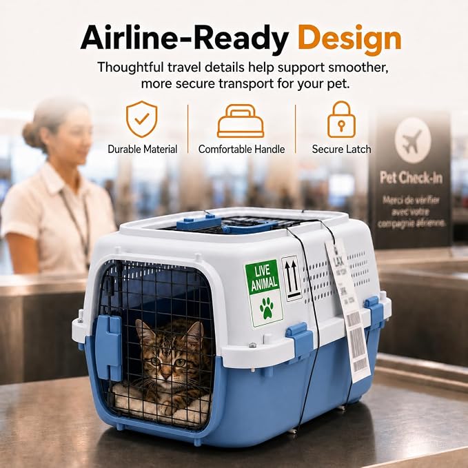 23" Airline Approved Cat Carrier Hard Shell, Dual-Entry Pet Carrier with Top & Front Doors, Detachable Food Bowl & Secure Lock, Breathable Dog Carrier for Cats & Small Dogs Up to 22 lbs - Blue