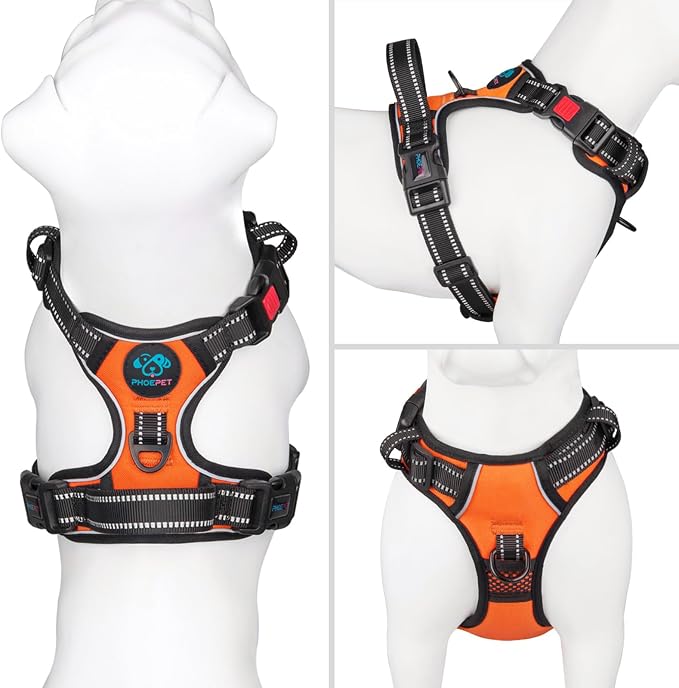 Reflective Dog Harness Large Breed Adjustable No Pull Vest | with Handle 2 Metal Rings 3 Buckles [Easy to Put on & Take off](L, Orange)