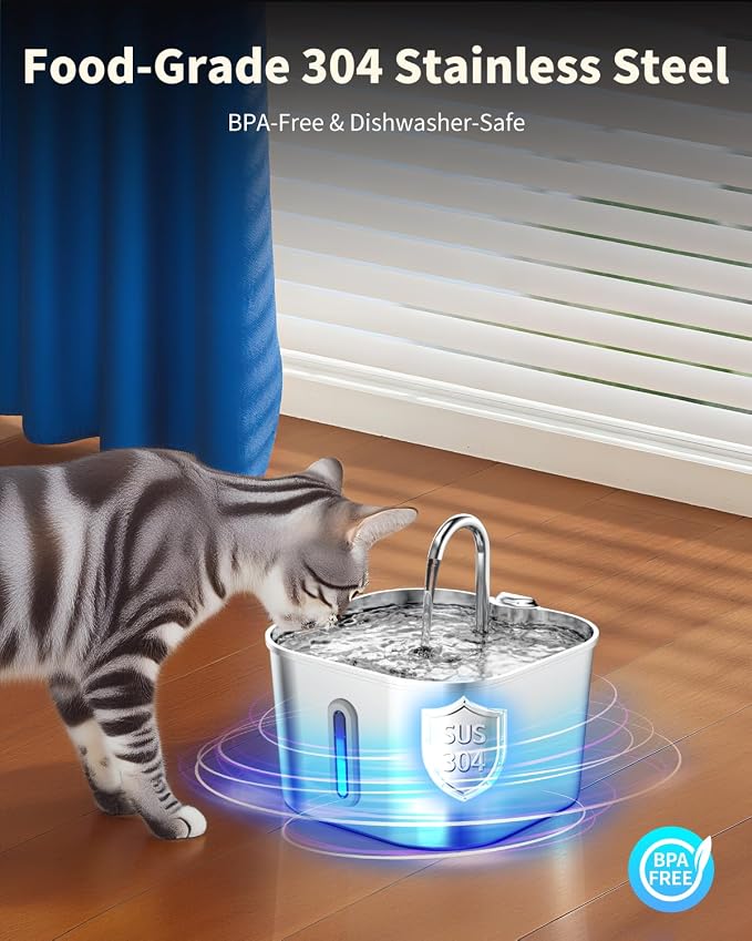 Lawfery Cat Water Fountain Stainless Steel, 74oz/2.2L Automatic Cat Drinking Fountain with 4 Filters & 4 Sponges, Pet Water Dispenser with Quiet Pump, Suitable for Cats, Dogs and Multi-pet households