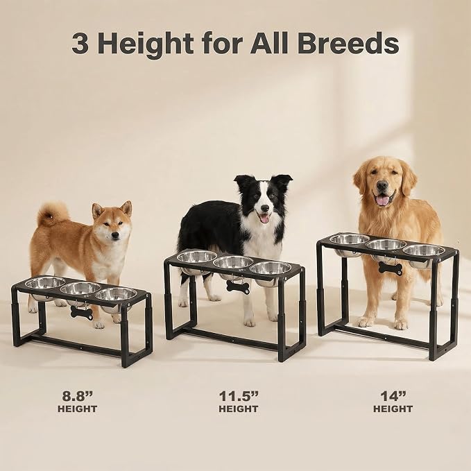 Metal Elevated Dog Bowls, Raised Dog Bowls for Medium/Large Sized Dogs with Three 58oz Stainless Steel Food Bowls, 3 Adjustable Height (8.8"/11.5"/14") Dog Bowl Stand Protect Neck & Joints