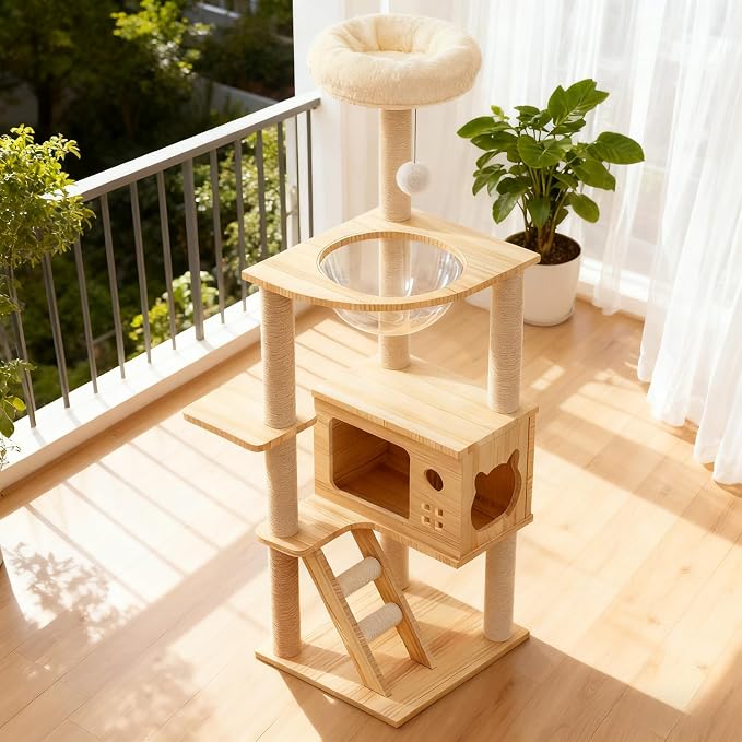 Modern Cat Tower, Wood Cat Tree Tower for Indoor Cats, Cat Tree with Sisal-Covered Scratching Posts and Soft Top Perch, 48.8'' Cat Condo with Acrylic Hammock for Small Large Cats