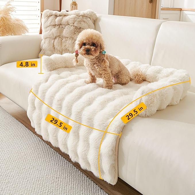 Calming Dog Bed for Couch, 29.5 x 29.5 inch, Non-Slip Rabbit-Velvet Dog Sofa Mat for Furniture Protector, Perfect for Small, Medium Dogs and Cats (Off-White, Medium)