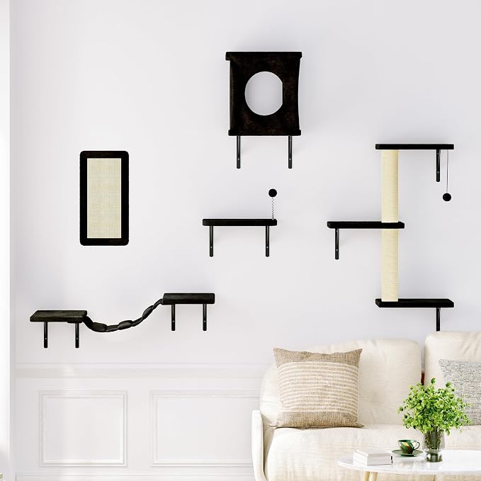 5 Pcs Cat Wall Shelves Set, Wall-Mounted Climber with Cat House, Scratching Post, Bridge, Hammock, Space-Saving Play Furniture, Black