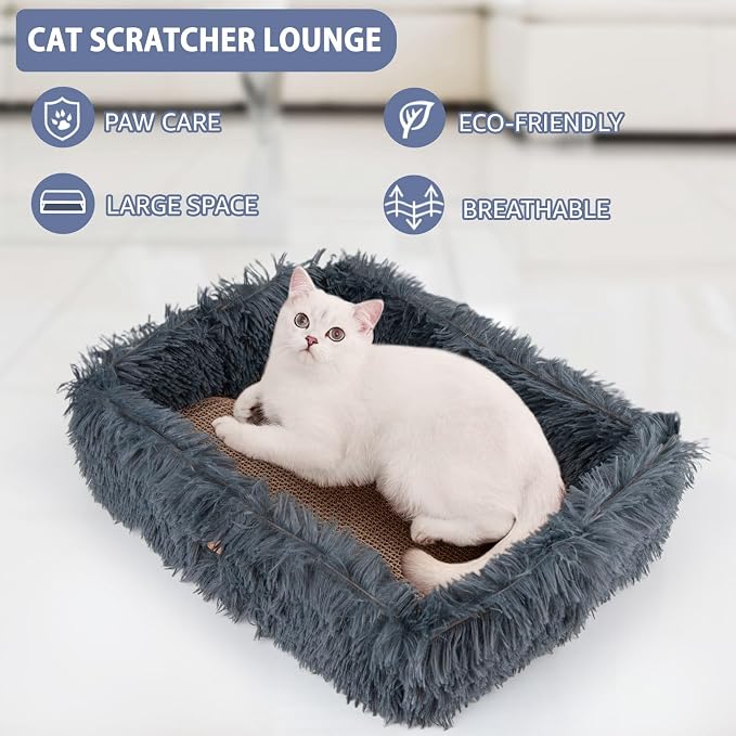 Cat Lounge Scratcher Box with Removable Cardboard (Dark Grey) | High-density Corrugated Cardboard with Double-sided Use, Soft Long Plush, Release Stress and Protect Furniture
