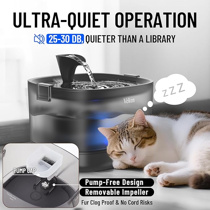 Veken Cat Water Fountain with Detachable Tank & Secure Clips, Easy to Clean & Assemble, 85oz/2.5L Pet Drinking Dispenser with Quiet Operation & LED Light, Gifts, Cats, Dogs and Small Pets, Black