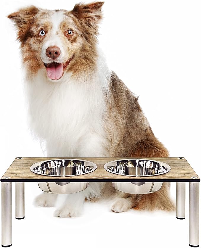 Raised Pet Bowls for Cats and Dogs, Outdoor Elevated Dog Cat Food and Water Bowls Stand Feeder on Aluminum Legs with 2 Stainless Steel Bowls Sizes for Small Medium and Large Dogs. - Medium (Amaretto)