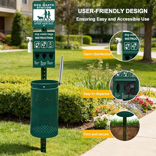 10-Gallon Galvanized Steel Dog Waste Station with Sign, Dog Poop Trash Can for Yard & Communities, Locking Dispenser & Waste Can Outdoor Pet Waste Disposal System