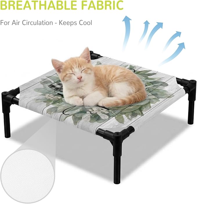 Outdoor Elevated Dog Bed for Small Dogs, Farmhouse Leaves Breathable Cooling Raised Dog Cot for Indoor/Outdoor, Florals Country Vintage Gray Wood Waterproof Elevated Pet Beds, S 20 x 20 in