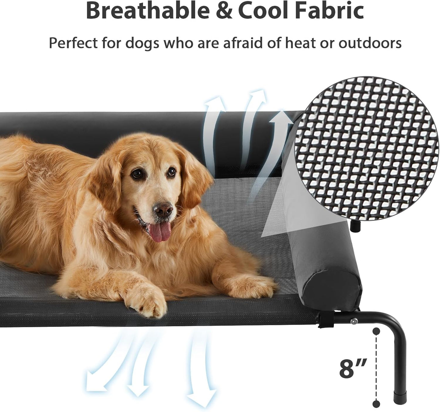 RRPETHOME Large Elevated Cooling Dog Bed, Raised Dog Cot Beds for Large Dogs, Elevated Outdoor Pet Cot, Chew Proof Portable Cooling Pet Cot with Skid-Resistant Feet and Breathable Mesh