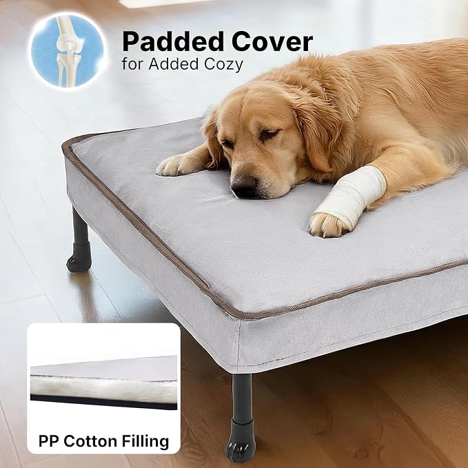 Veehoo Outdoor Elevated Dog Bed with Washable & Waterproof Cushion, Cooling | Large Raised Dog Cot with Removable Cover, Brethable Mesh, Orthopedic Pet Bed for Indoor & Outdoor, 53" x 37", Dark Grey