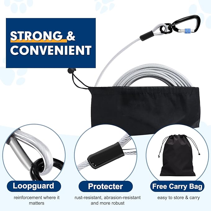 Snagle Paw Dog Tie Out Cable 15FT,Heavy Duty Dog Leads for Yard with Shock Absorbing Spring & Swivel Hook,Leash Cable for Outdoor Camping,Dog Line for Small Large Dogs,withstand 1000LBS Break Strength