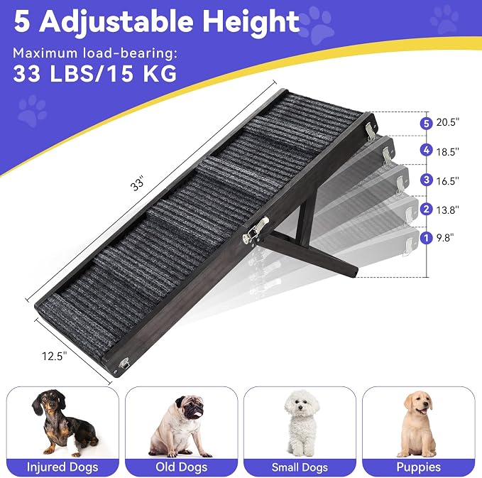 2026 Upgraded Dog Ramp for Couch, Foldable Small Dog Ramp for Sofa, 5 Adjustable Height from 9.8" to 20.5", Portable Stable Pet Step with Non-Slip Pad, Pet Ramps Use for Couch Stairs, Black